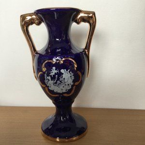 VTG Cobalt Blue 9 3/4" ceramic vase gold gild handles made in Italy white angel